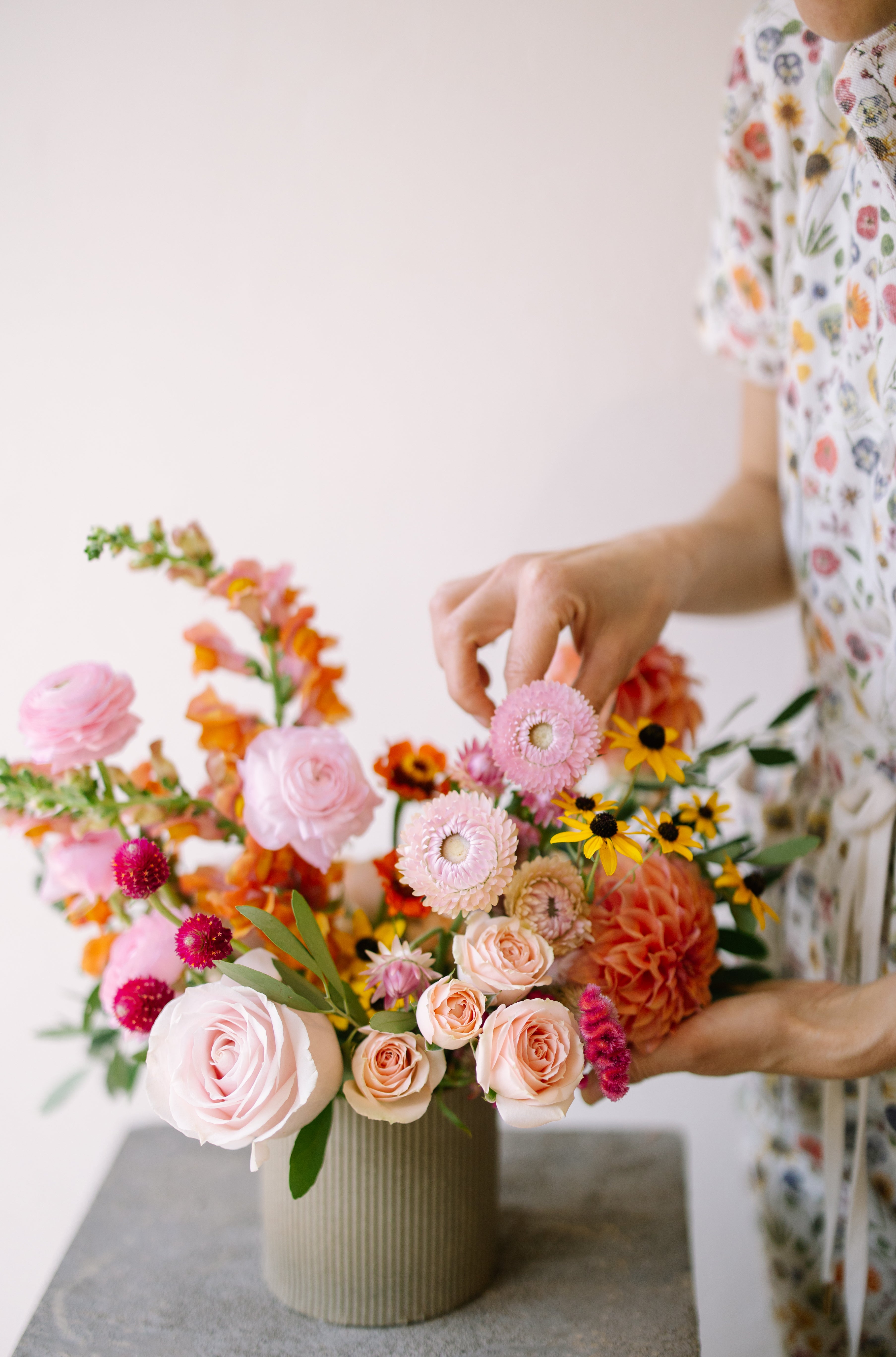 Garden Flower Arrangement in Speckled Earthenware Vase
