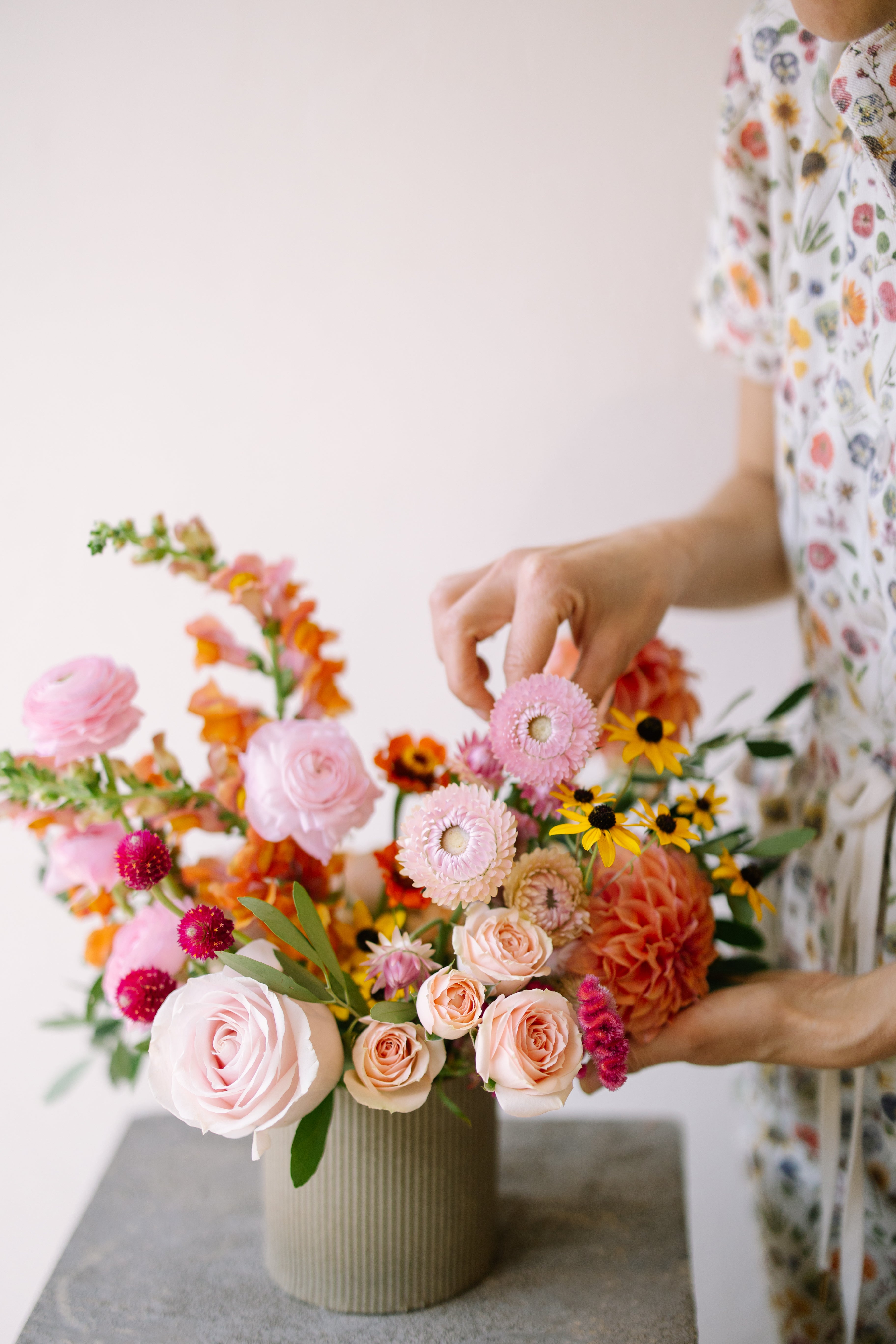 Garden Flower Arrangement in Speckled Earthenware Vase