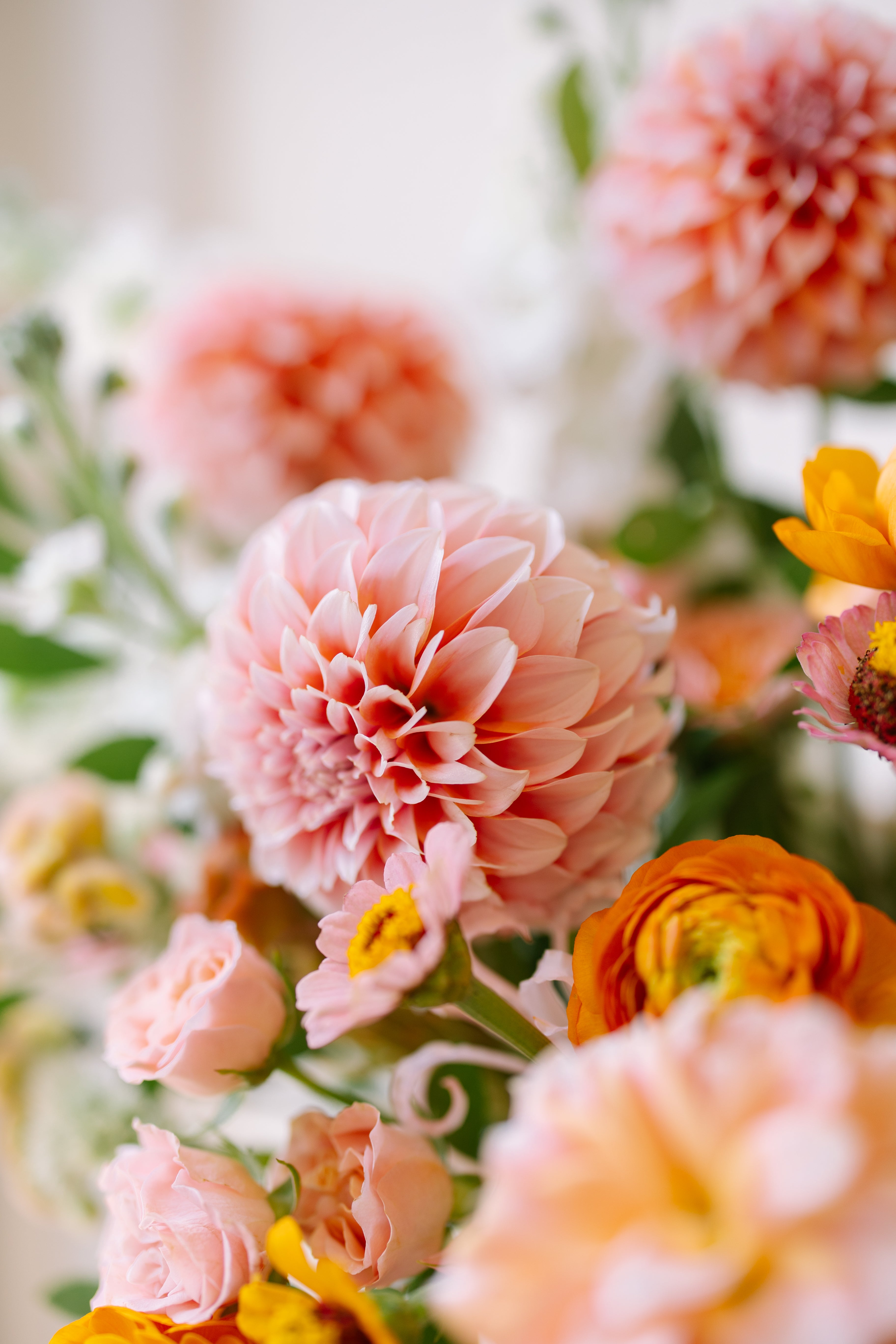 Luxury garden flower arrangement in neutral pink vase.